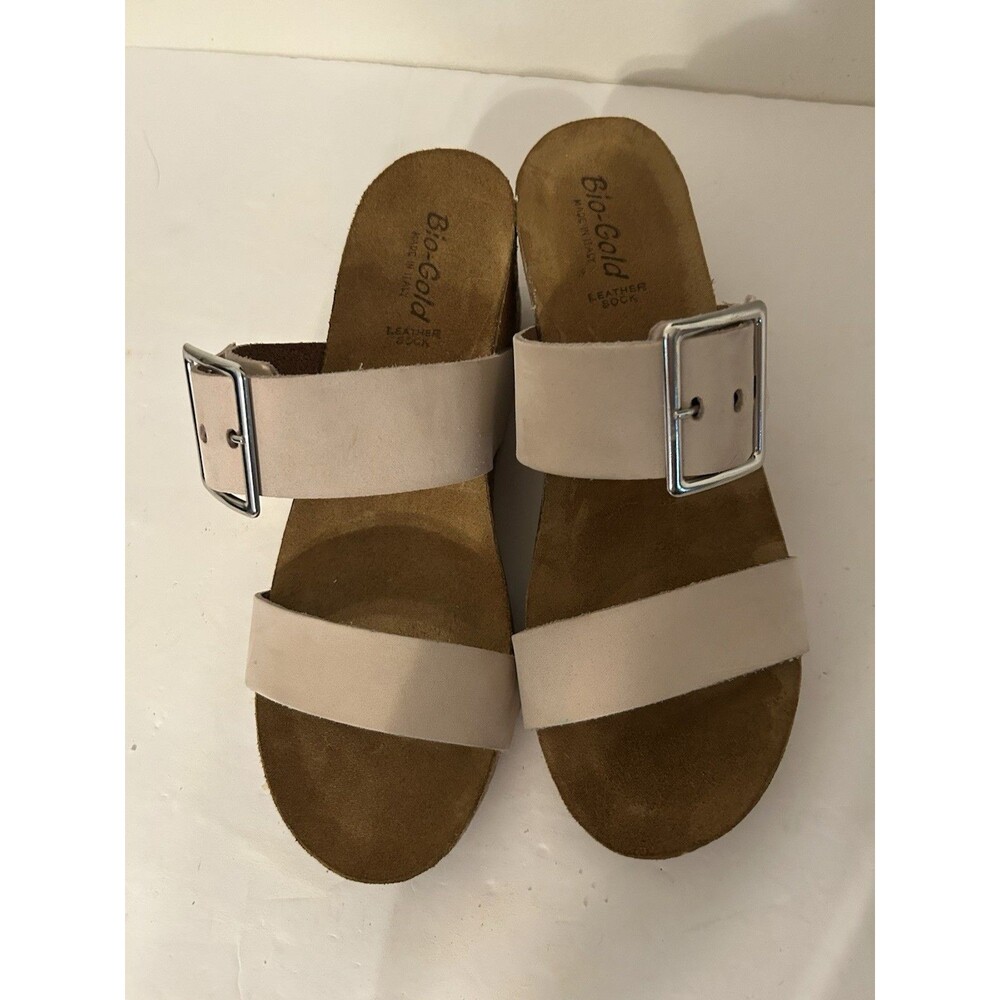 Bio-Gold Italian Leather Double Strap Buckle Cork Wedge Sandal beige Womens 9 - Picture 5 of 7